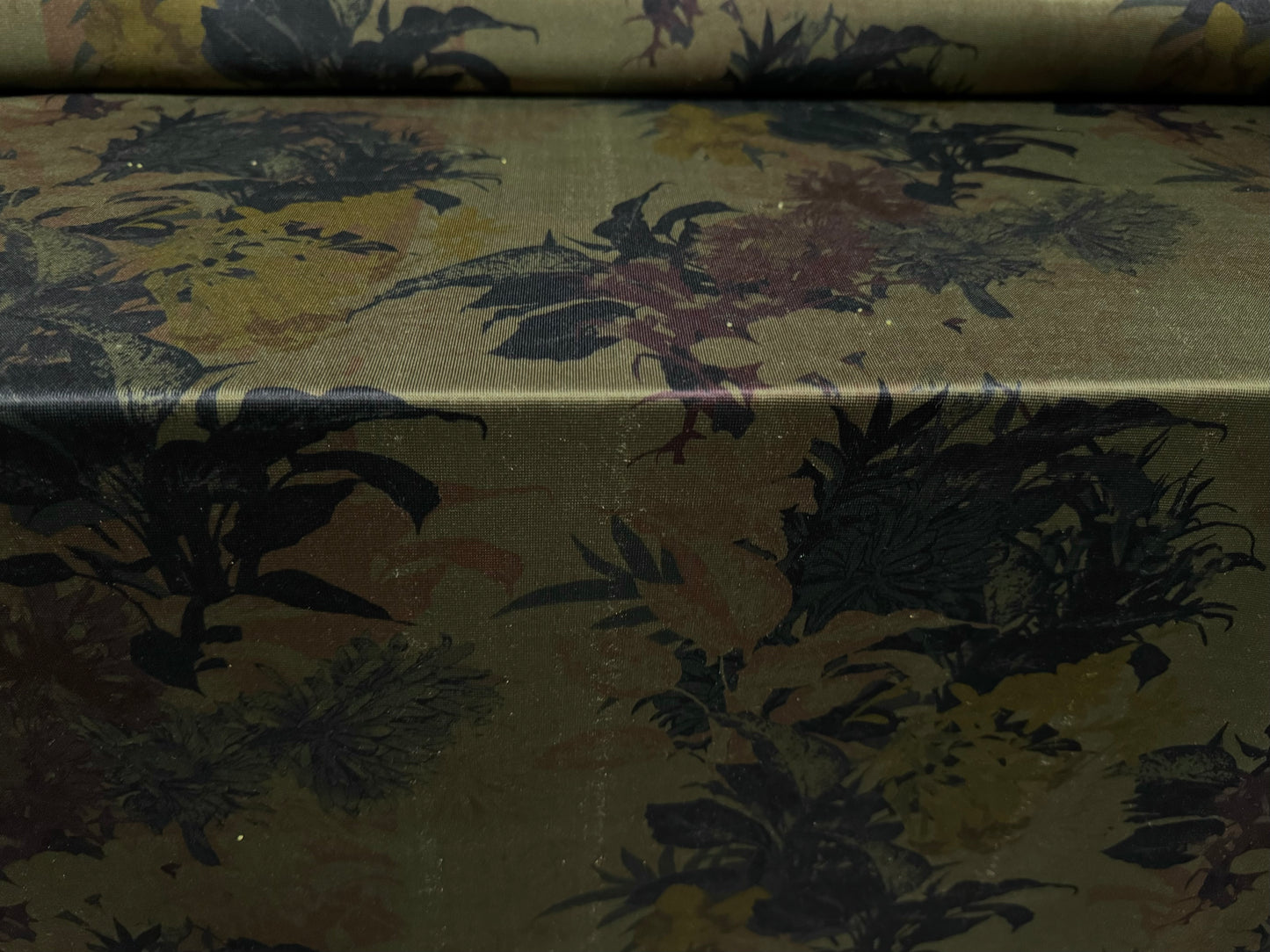 Sateen single jersey fabric, per metre - floral bouquet print - dark khaki & purple