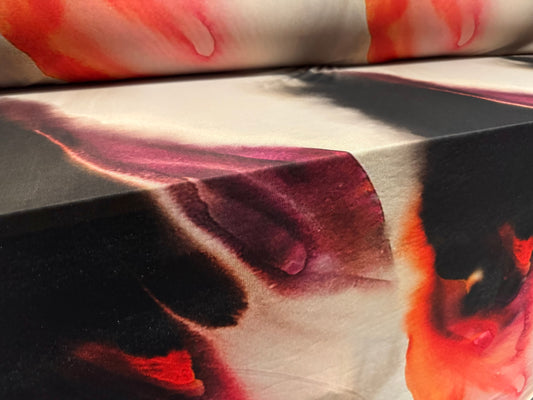 Power mesh net stretch spandex fabric, per metre - abstract print - cream black & orange