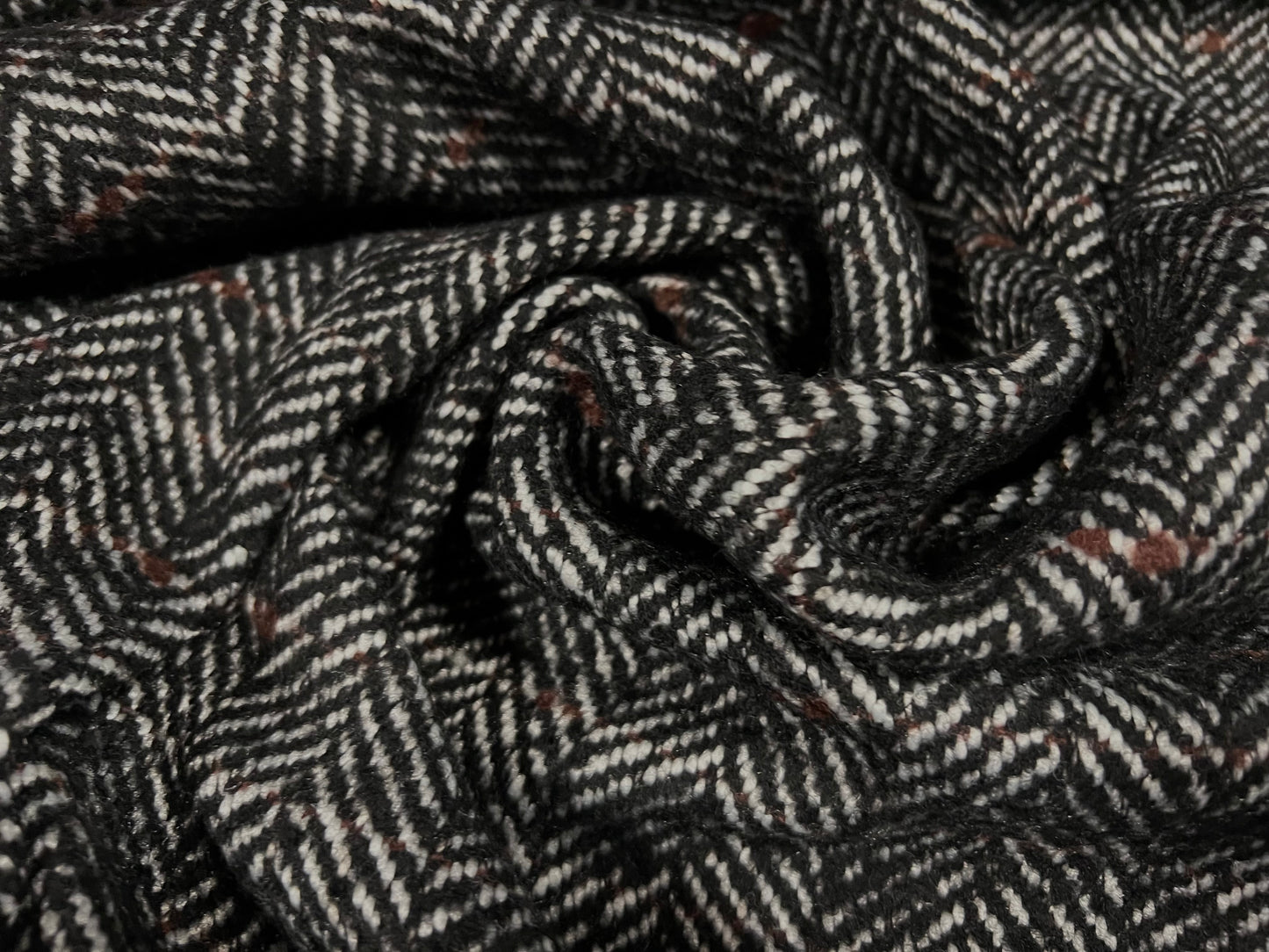 Wool blend coat jacket fabric, per metre - herringbone slub - charcoal grey brown & white