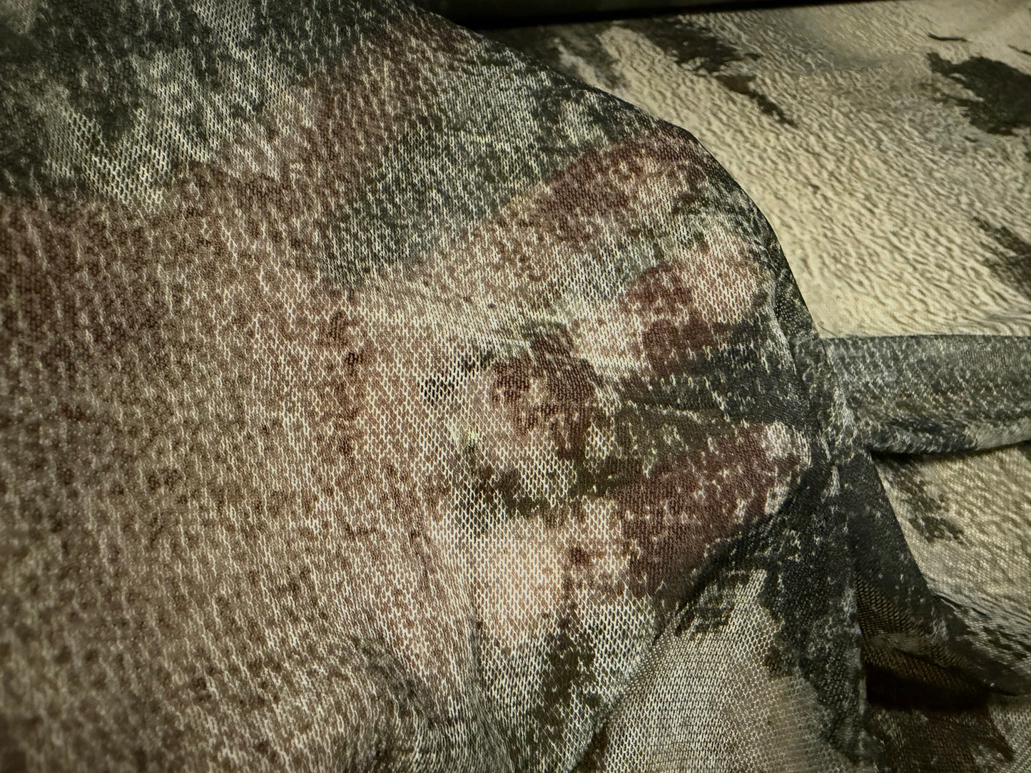 Power mesh net stretch spandex fabric, per metre - abstract print - olive & sage green