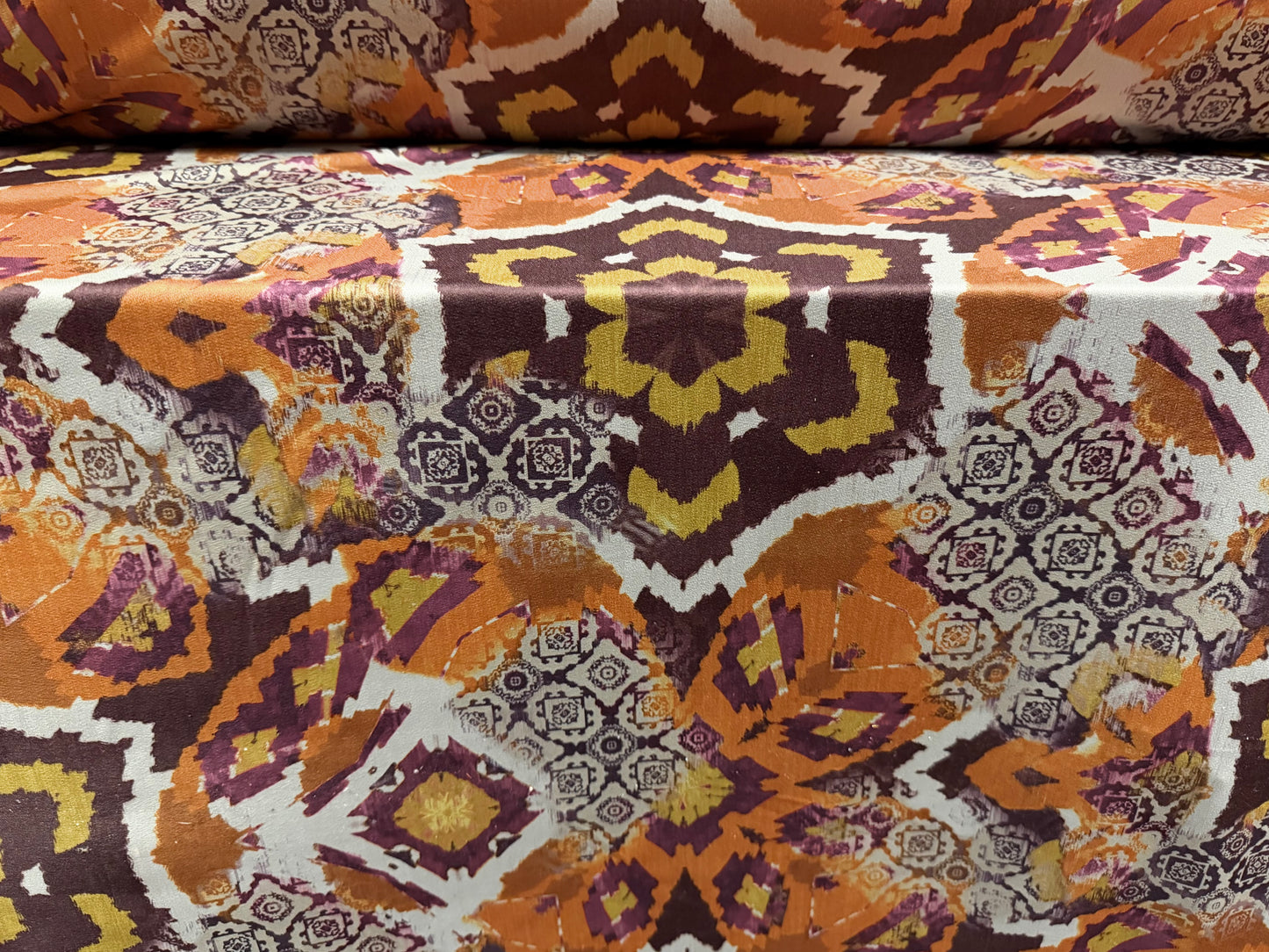 Stretch spandex crepe jersey fabric, per metre - floral collage print - orange brown & chartreuse