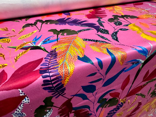 Scuba stretch spandex double jersey dress fabric, per metre - tropical leaves print - hot pink