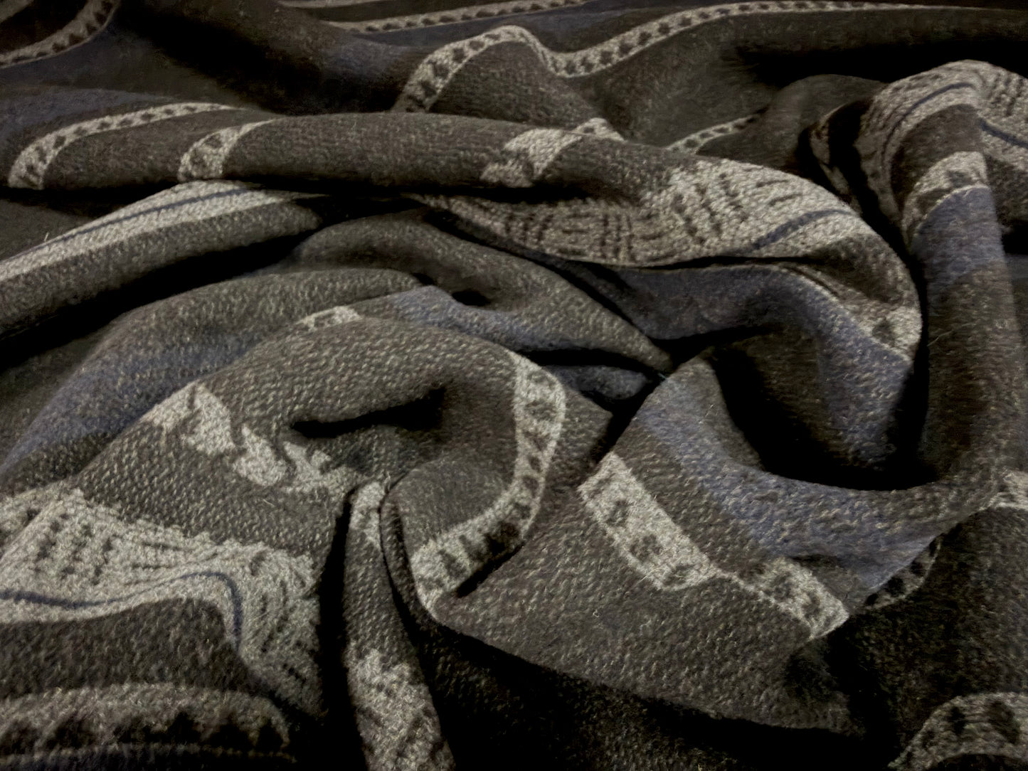 Heavyweight wool flannel fabric, per metre - Navajo stripe - black grey & navy