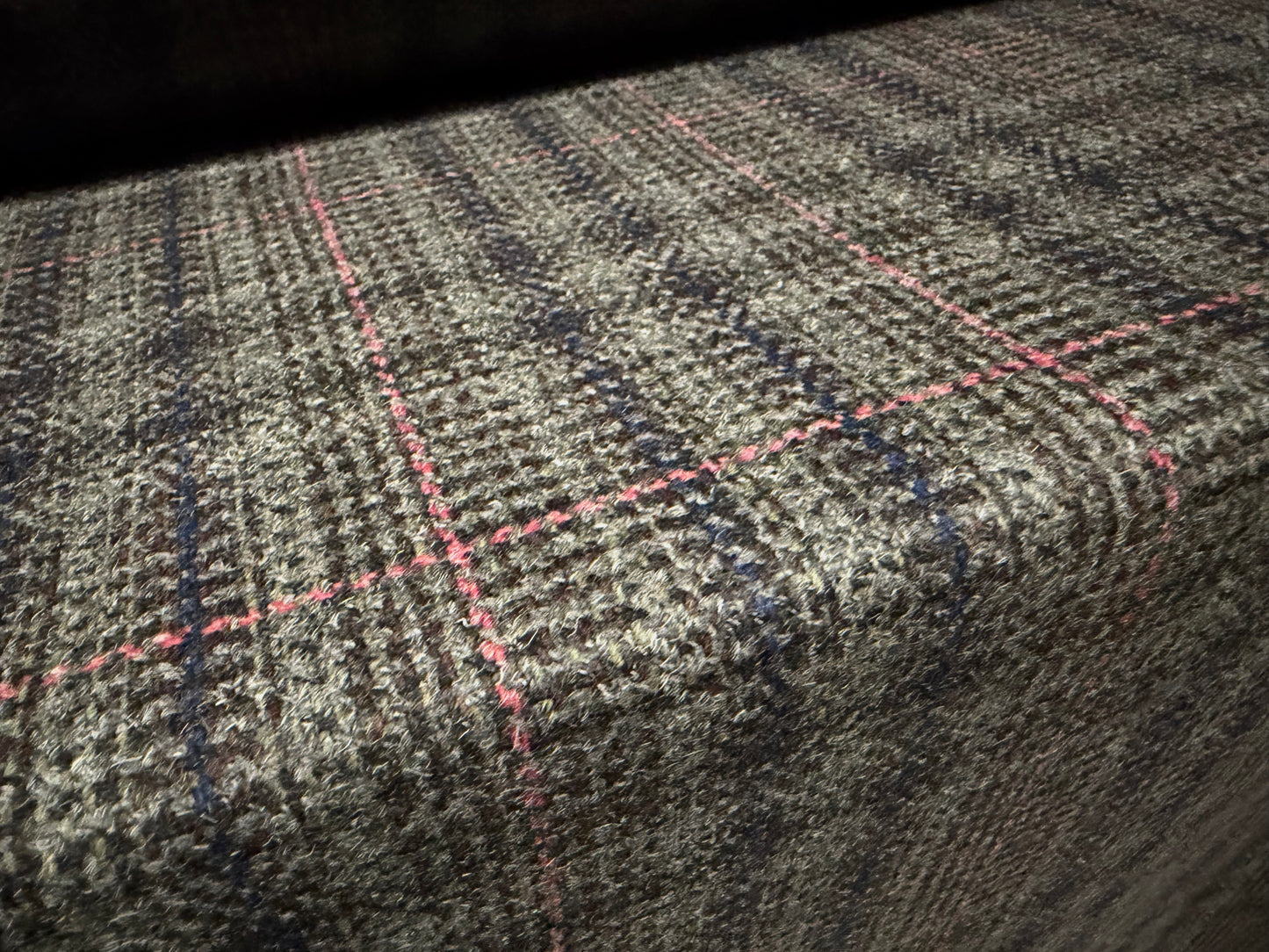 Wool tweed fabric, per metre - tartan check - grey pink & navy