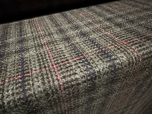 Wool tweed fabric, per metre - tartan check - grey pink & navy