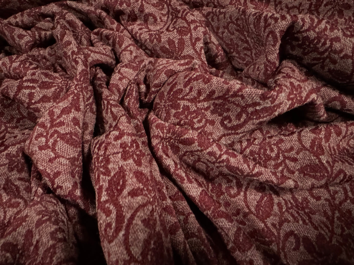 Stretch double jersey fashion fabric, per metre - floral damask jacquard - ox blood