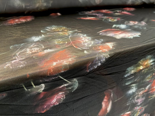 Power mesh net stretch spandex fabric, per metre - atmospheric floral print - black & pink