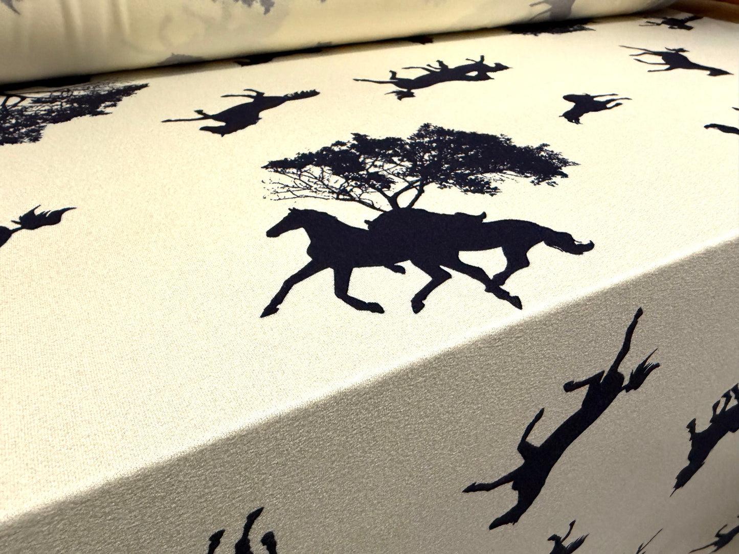 Viscose spandex crepe jersey fabric, per metre - wild horses print - cream & navy