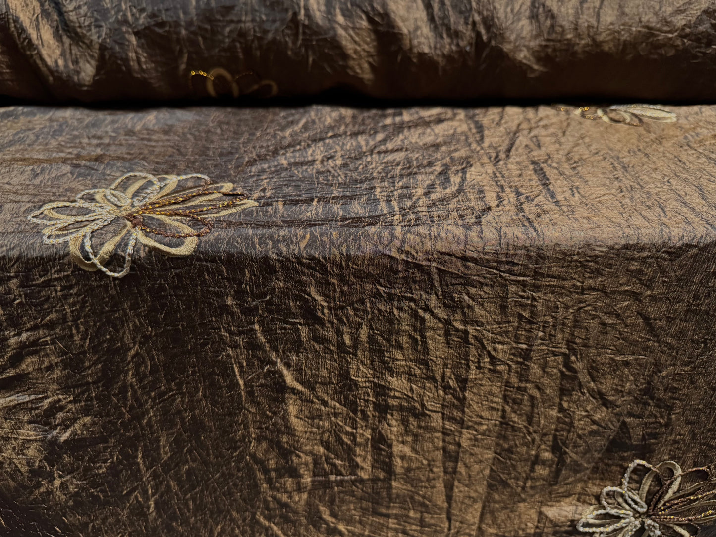 Taffeta faux silk fabric, per metre - metallic embroidered flowers - bronze & gold