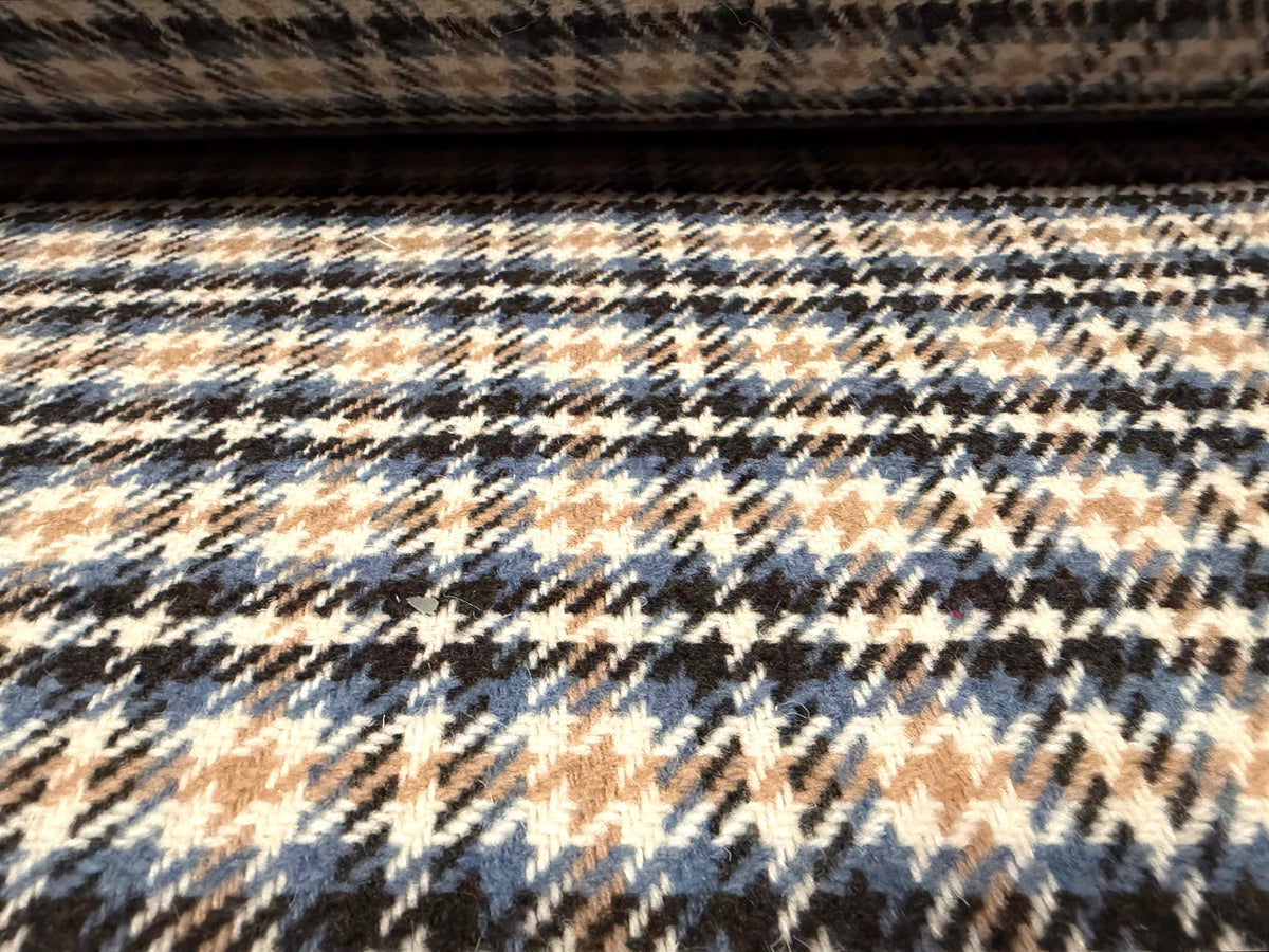 Heavyweight wool bouclé fabric, per metre - houndstooth check - beige & blue