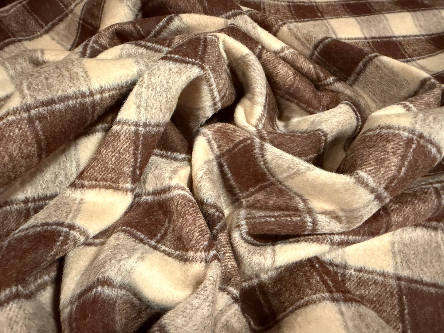 Heavyweight wool flannel fabric, per metre - plaid check - brown & beige