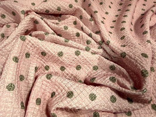 Popcorn weave fashion fabric, per metre - polka dot print - baby pink & grey