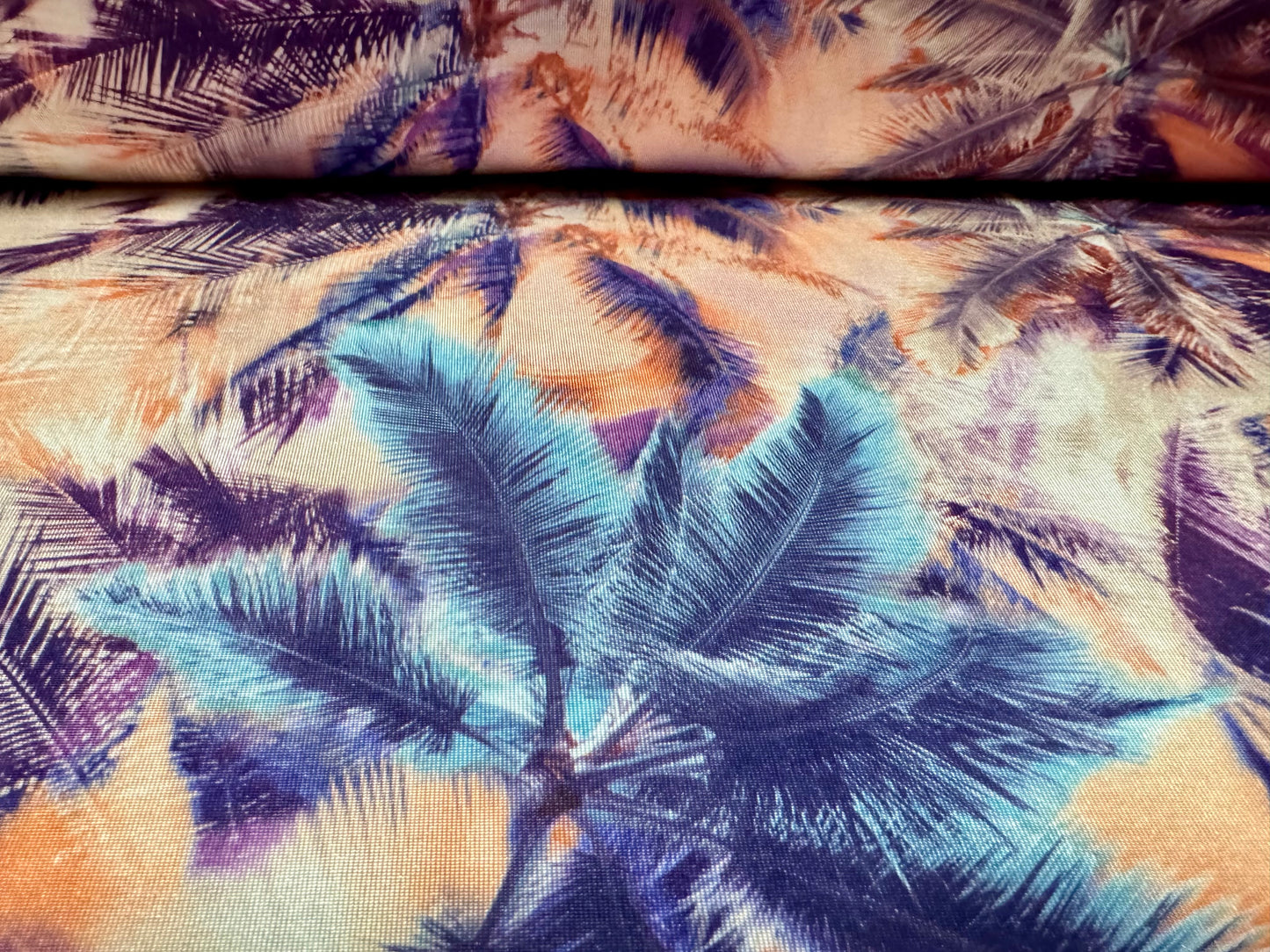 Disco stretch single jersey fabric, per metre - Palm Tree Sunset print - pink blue & magenta