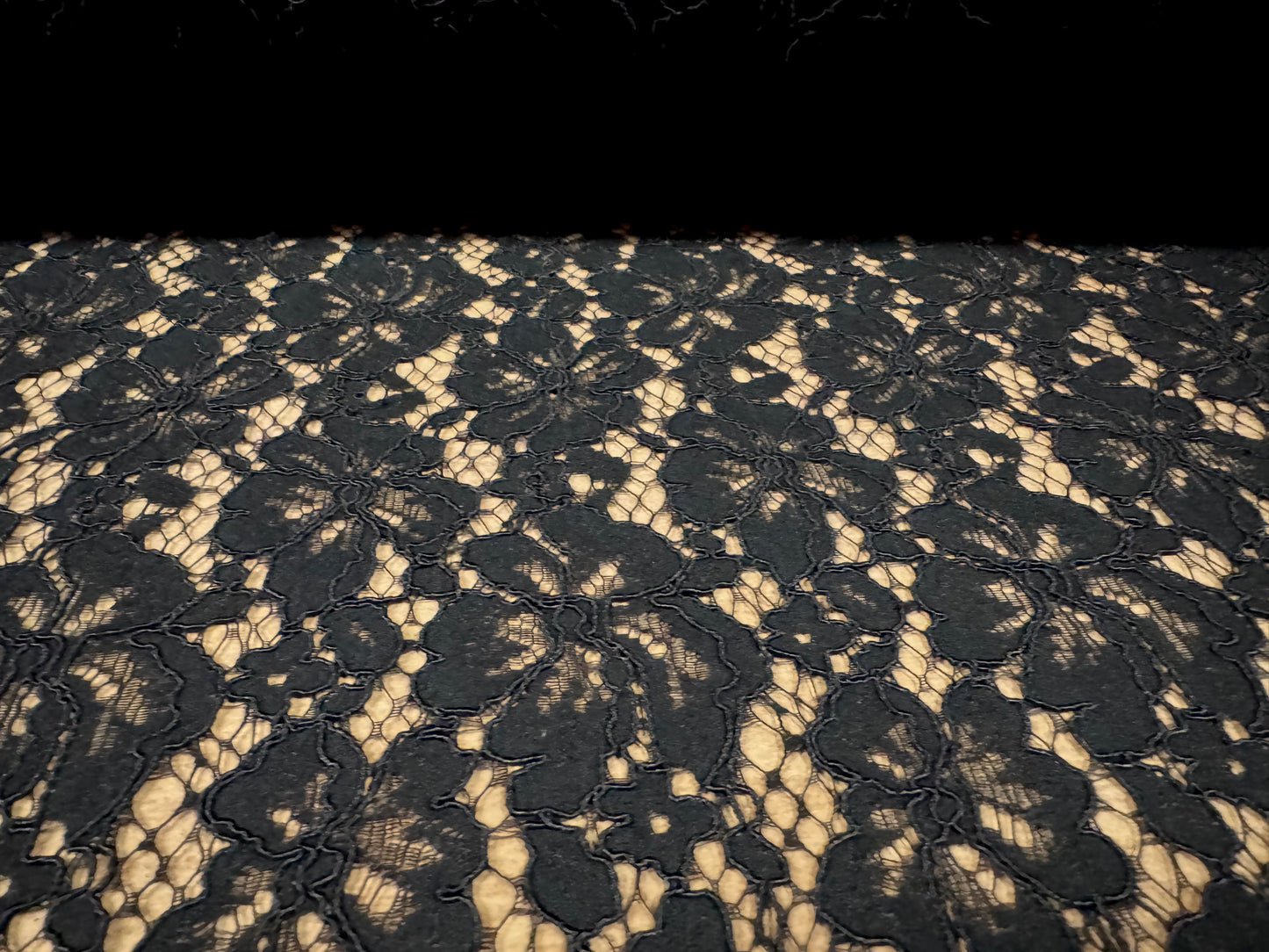 Heavy corded Alencon lace dress fabric with scalloped selvedge, per metre - floral - black