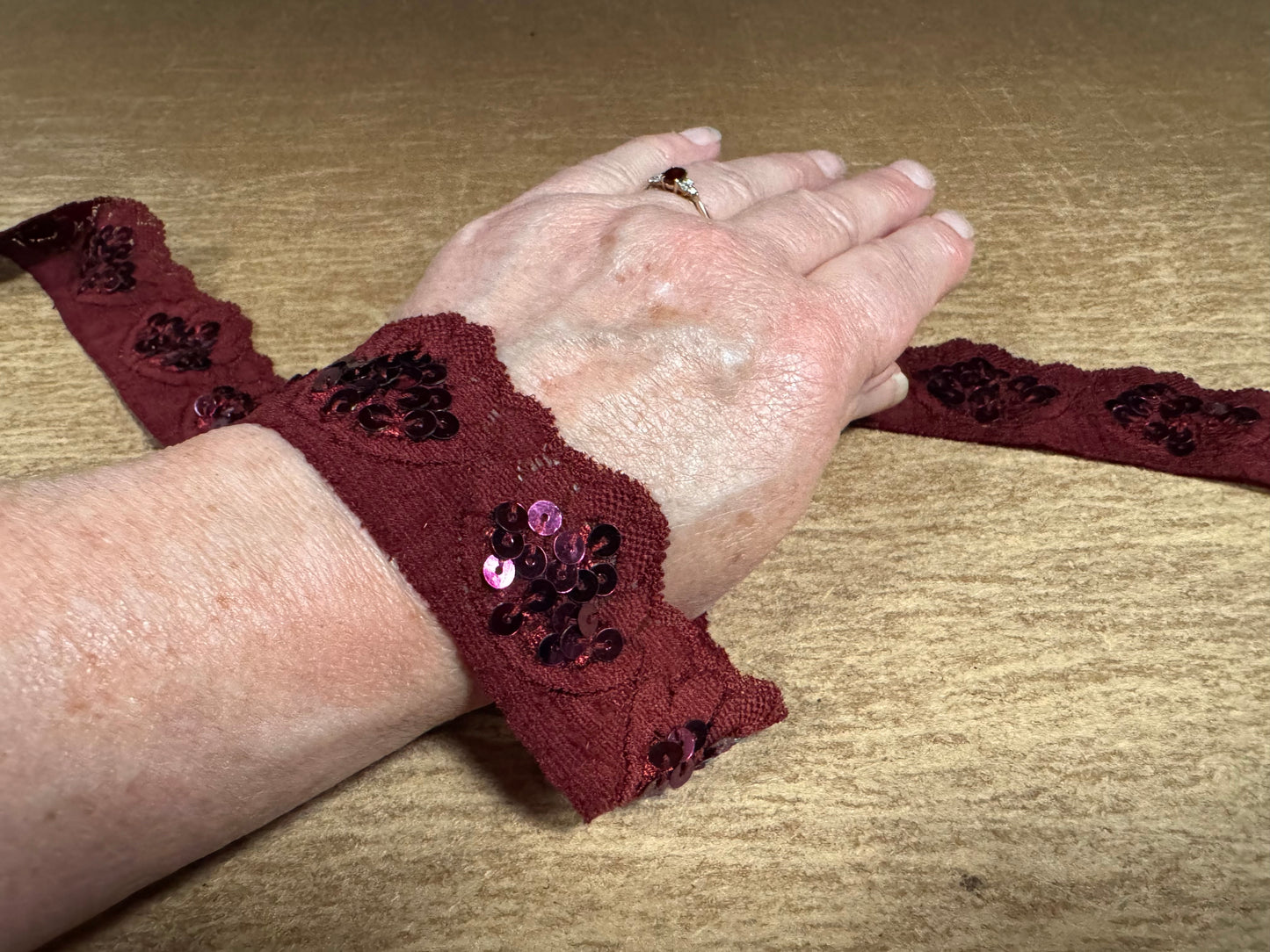Scalloped lace edging trim fabric with sequins - stretch - burgundy