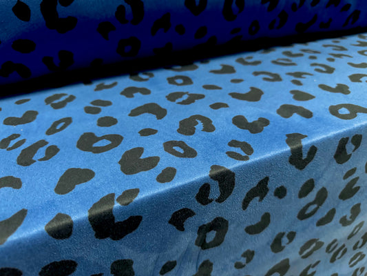 Scuba suede stretch spandex double jersey fabric, per metre - cheetah animal print - cobalt blue