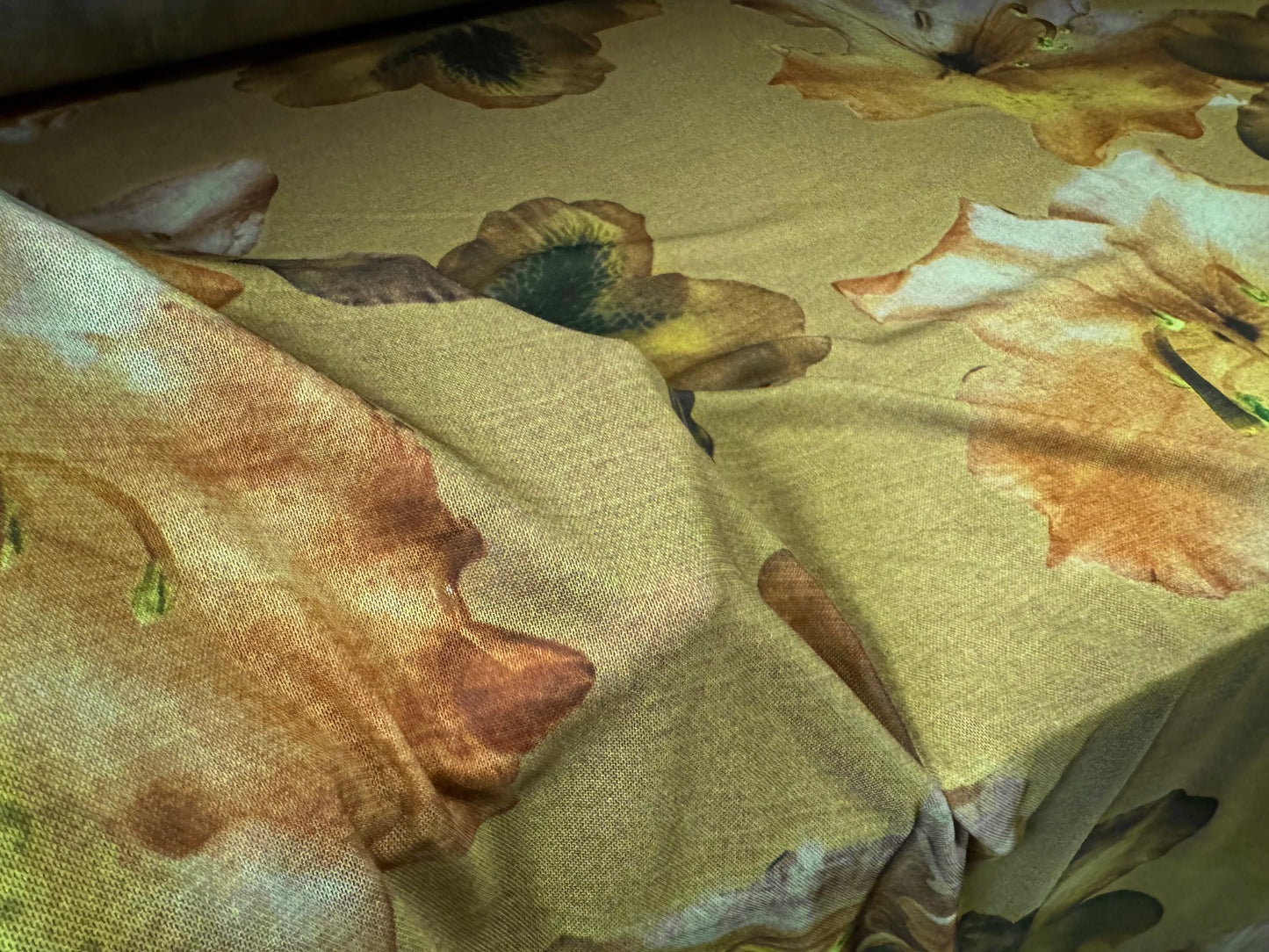 Power mesh net stretch spandex fabric, per metre - giant lily print - dirty mustard