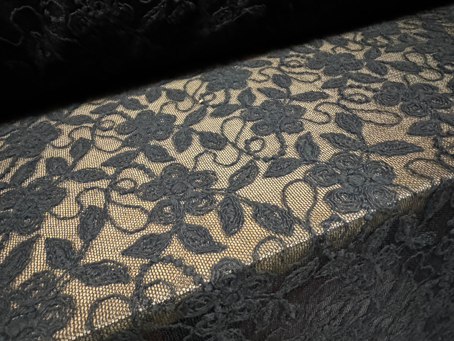 Embroidered lace dress fabric, per metre - floral - black