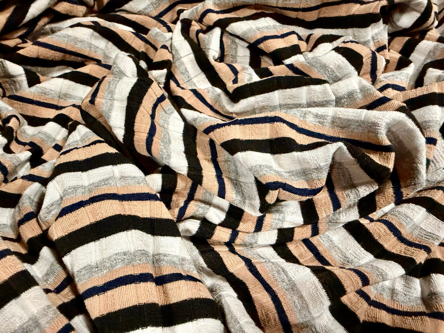 Stretch spandex rib jersey fabric, per metre - grey nude black & ivory stripe