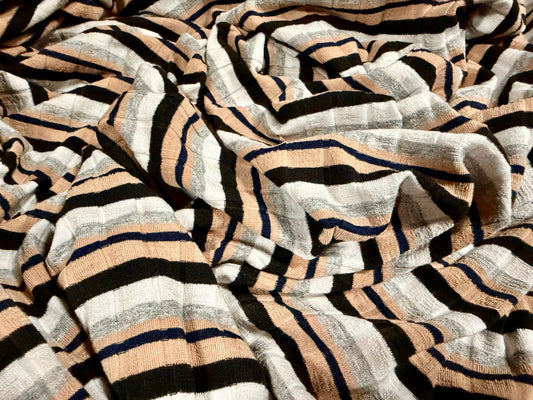 Stretch spandex rib jersey fabric, per metre - grey nude black & ivory stripe