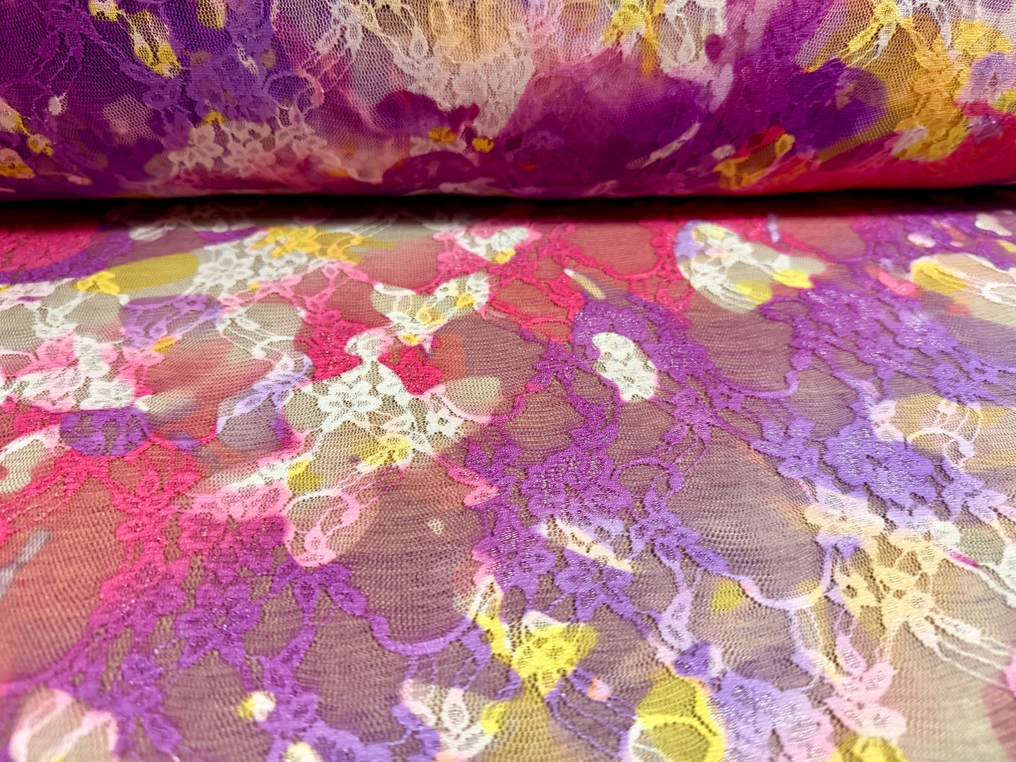 Stretch spandex mesh lace fabric, per metre - Inkwash floral print - pink & purple