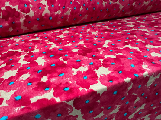Marocain woven viscose dress fabric, per metre - poppy flower print - cerise & cream