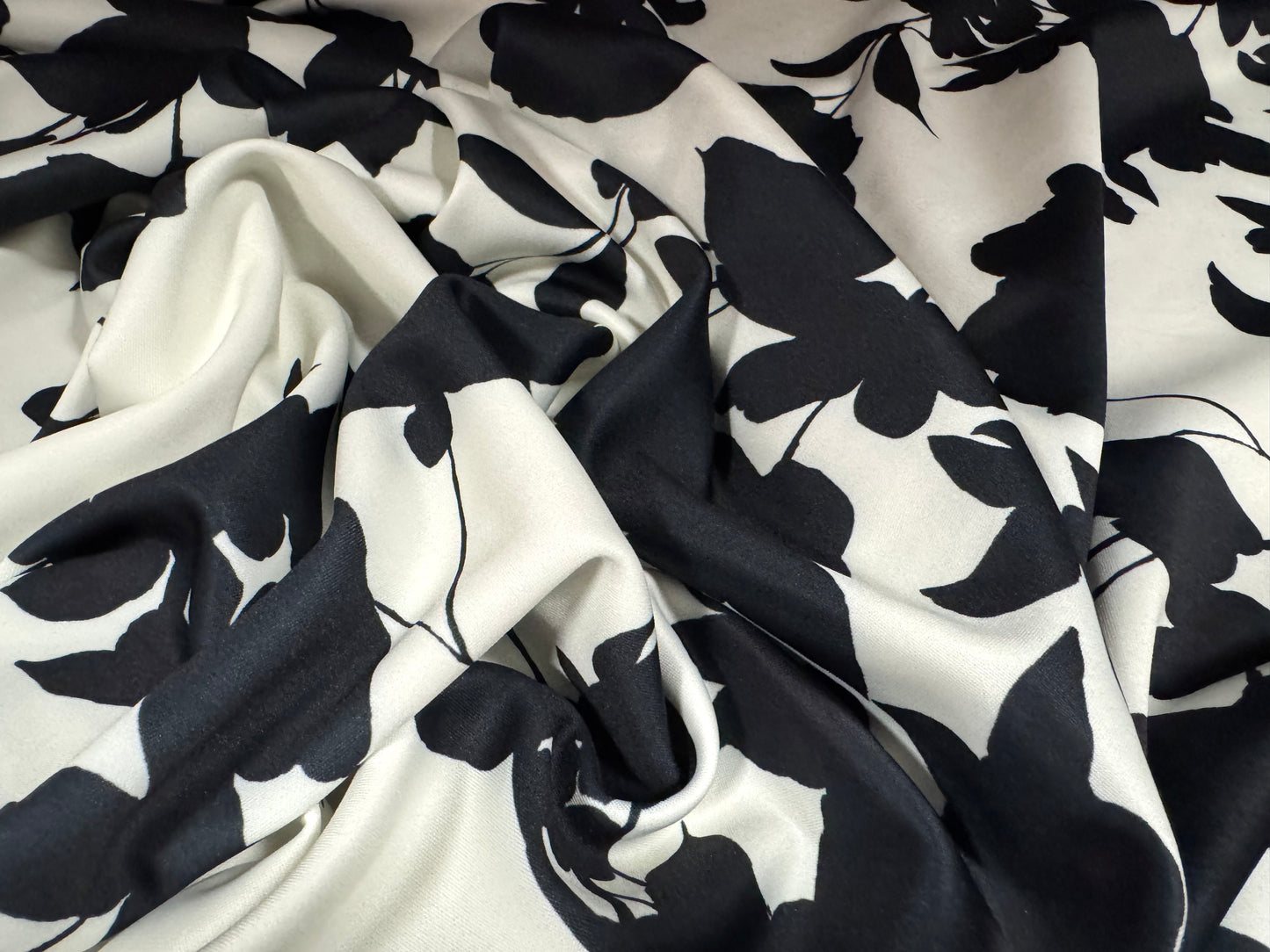 Scuba stretch spandex double jersey dress fabric, per metre - rose silhouette print - black & ivory