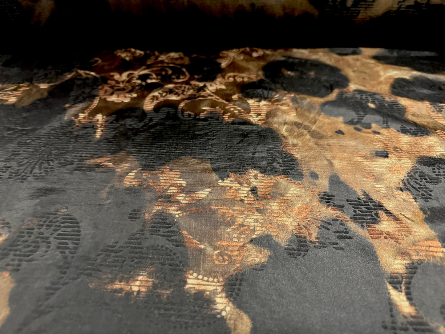 Taffeta faux silk fabric, per metre - stylised damask print - bronze & black