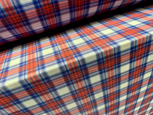 Power mesh net stretch spandex fabric, per metre - Stewart tartan print - red white & blue