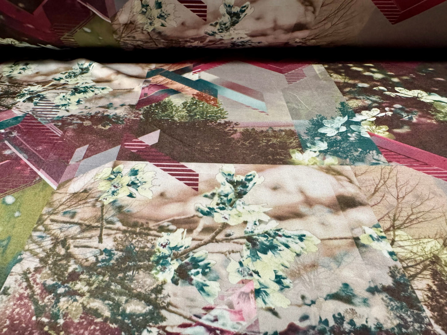 Soft touch stretch spandex single jersey fabric, per metre - stylised blossom print - pink & green