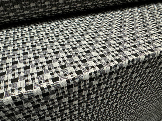 Stretch double jersey fabric, per metre - distressed gingham check - black & grey