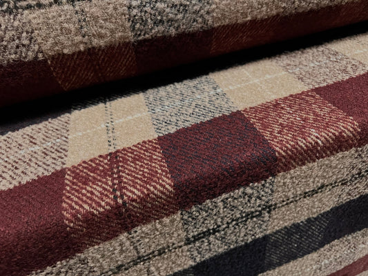 Wool blend bouclé fabric, per metre - lumberjack check - stone & wine