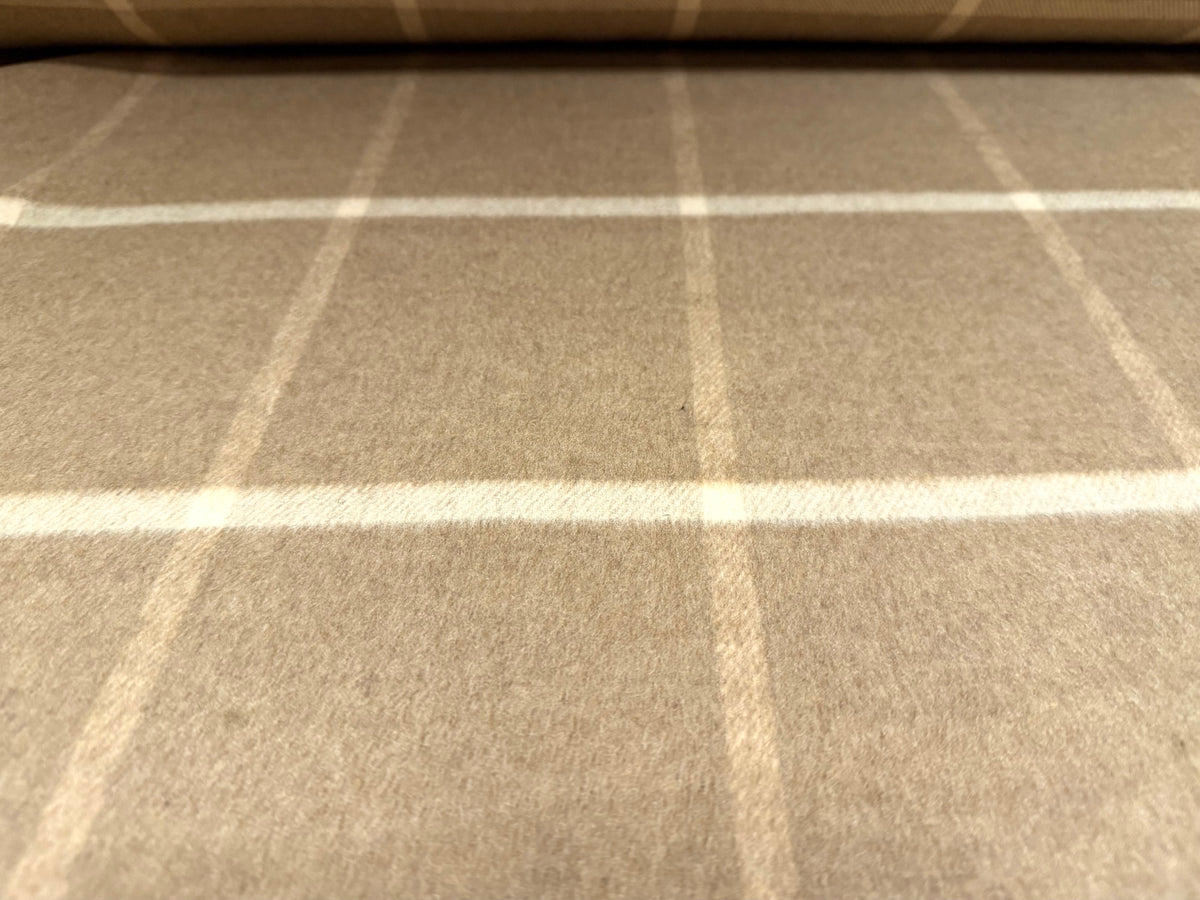 Wool flannel fabric, per metre - grid check - light brown & beige