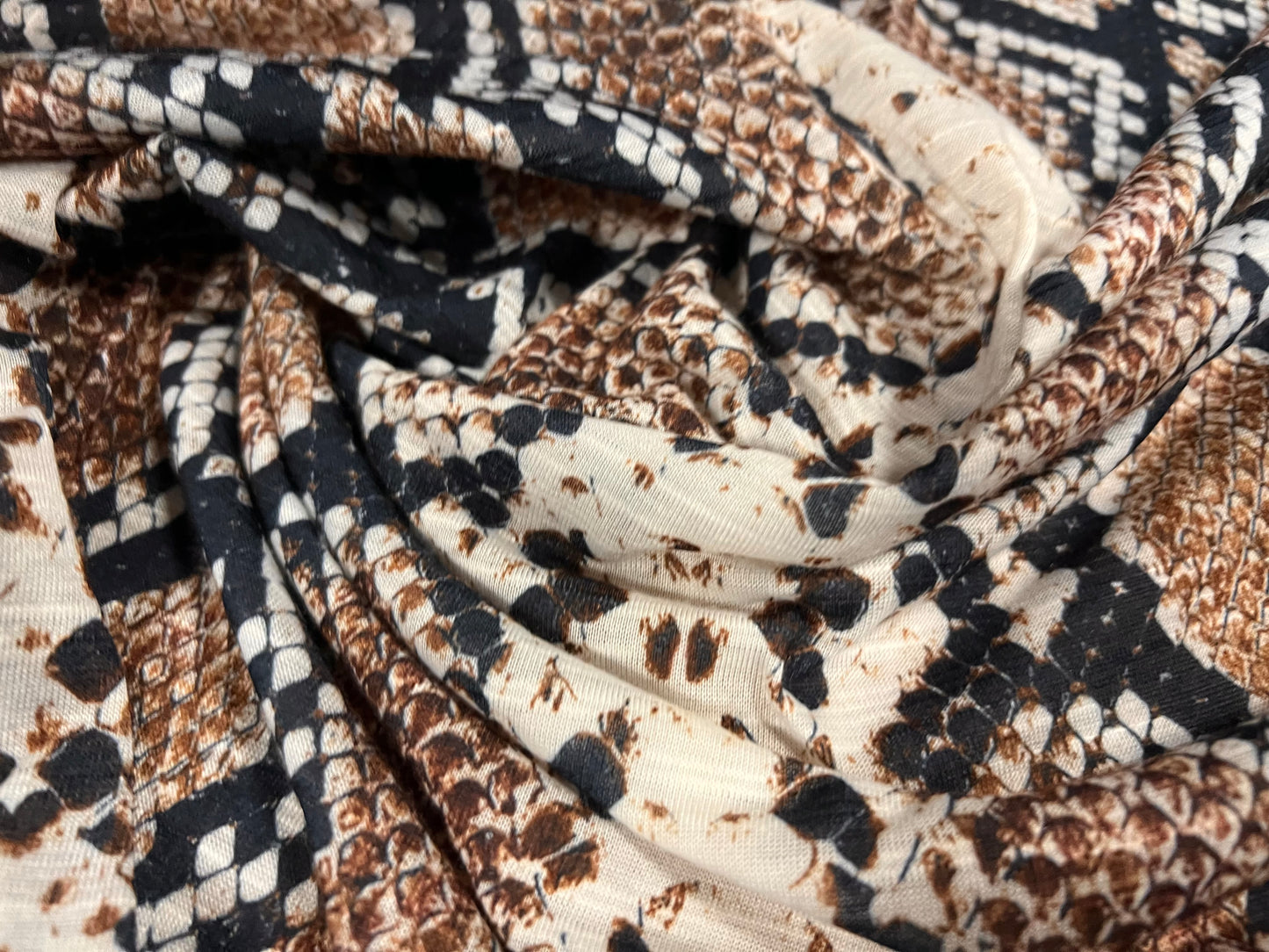 Soft handle lightweight single jersey fabric, per metre - snakeskin animal print - brown