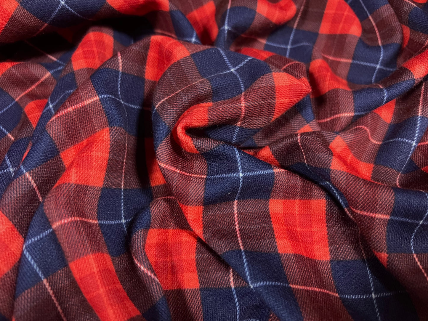 Soft stretch knitwear jersey fabric, per metre - tartan print - red & navy blue