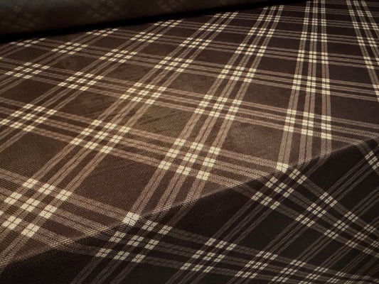 Power mesh net stretch spandex fabric, per metre - Argyle check print - dark brown & cream
