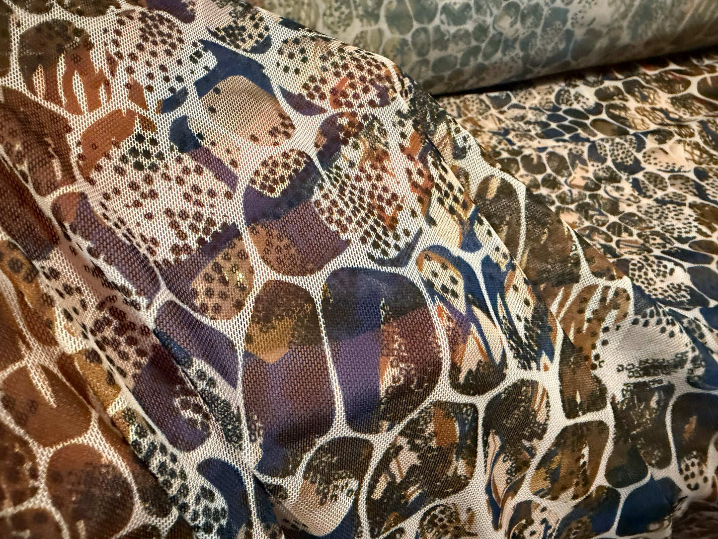 Power mesh net stretch spandex fabric, per metre - stylised crocodile print - cream olive & blue