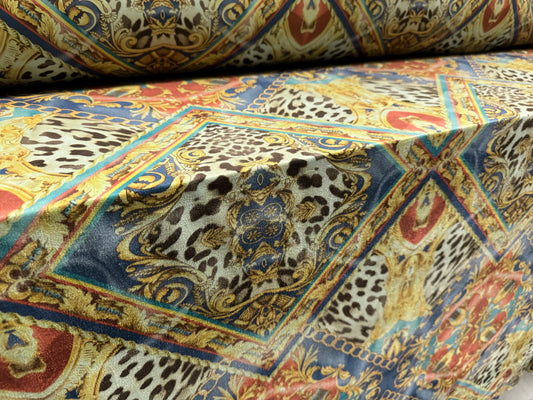 Faux suede stretch spandex jersey fabric, per metre - leopardskin & gold chains print - multicolour