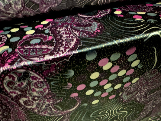 Silky Stretch charmeuse satin dress fabric, per metre - paisley swirl print - black & purple