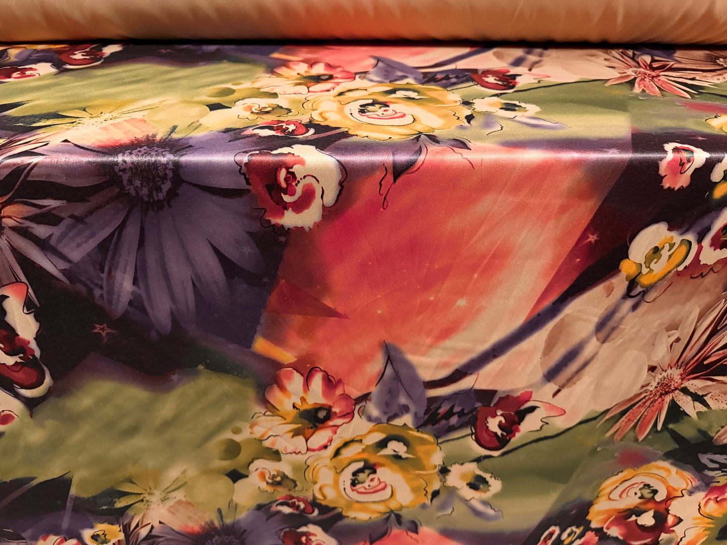 Stretch sateen woven fashion fabric, per metre - floral print - purple pink & light brown