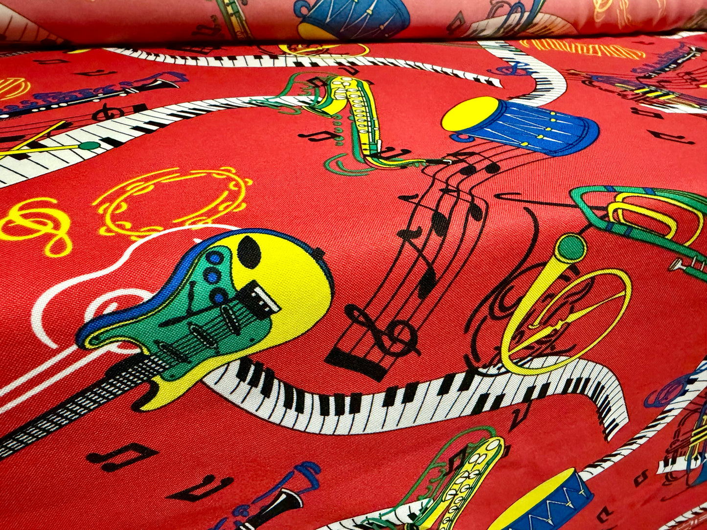 Panama woven fashion fabric, per metre - orchestra print - red