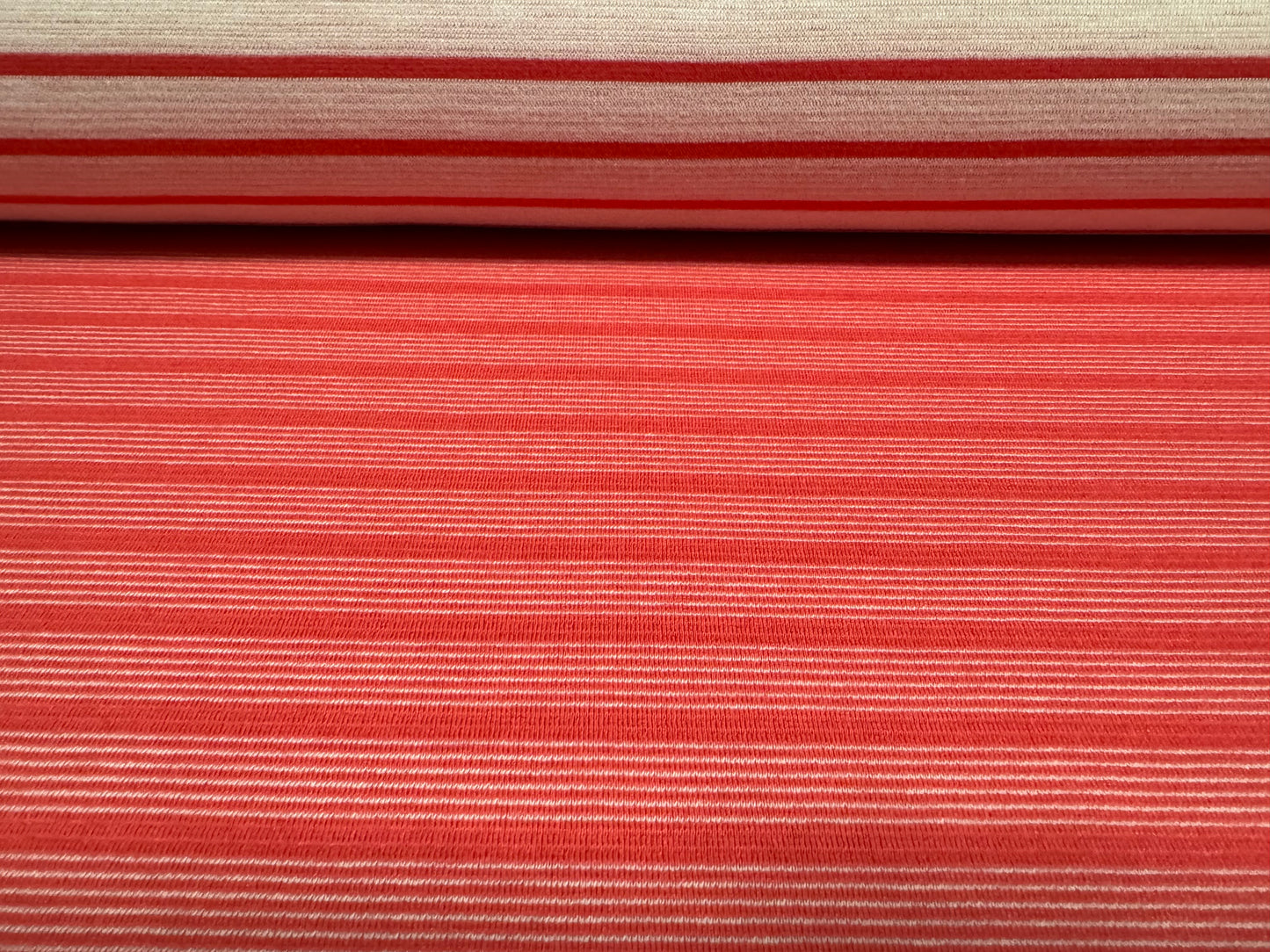 Ponte Roma double jersey knit stretch fabric, per metre - reversible stripe - strawberry & off white