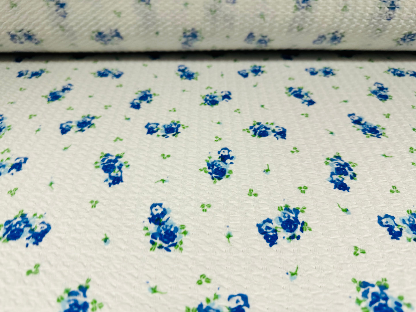 Double jersey knit stretch spandex dress fabric, per metre - ditsy rose print - white & blue