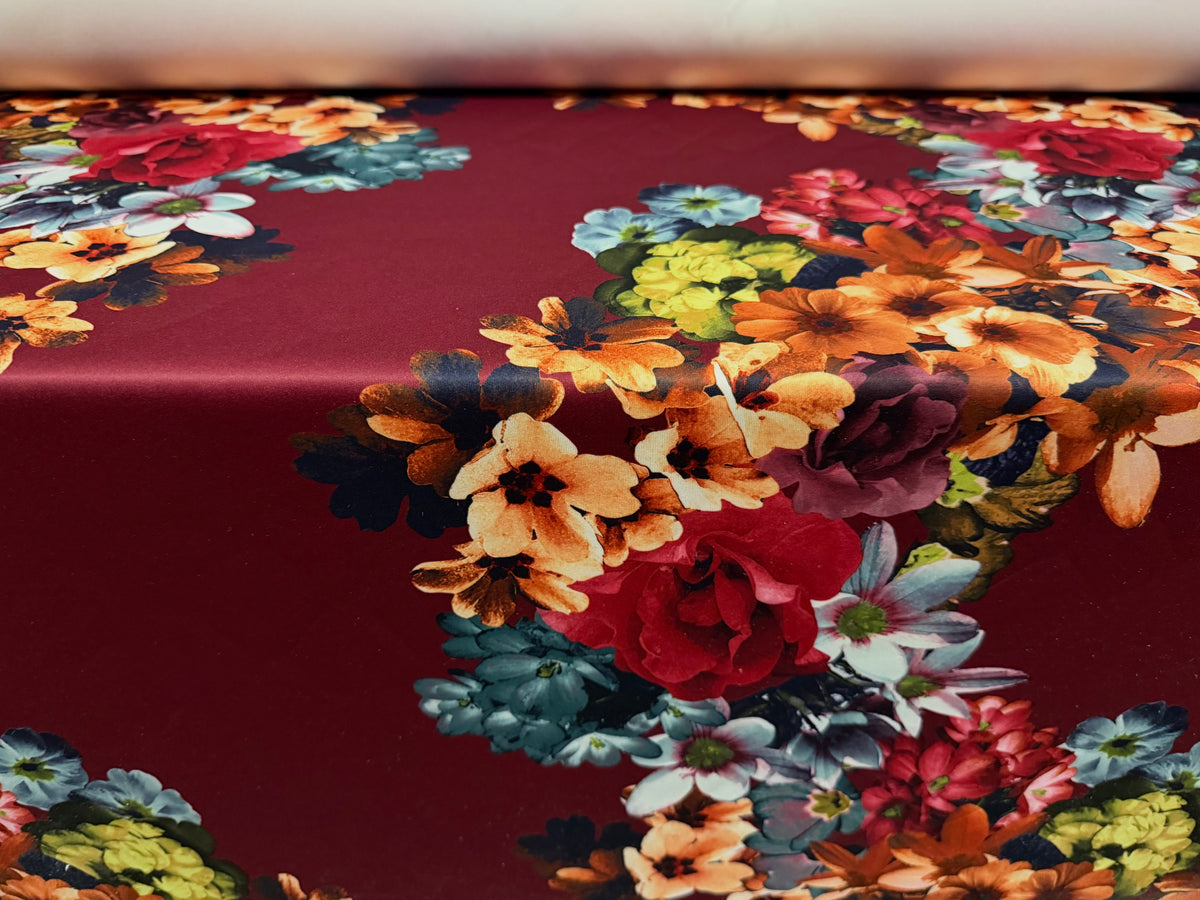 Scuba stretch spandex double jersey fabric, per metre - flourish print - burgundy