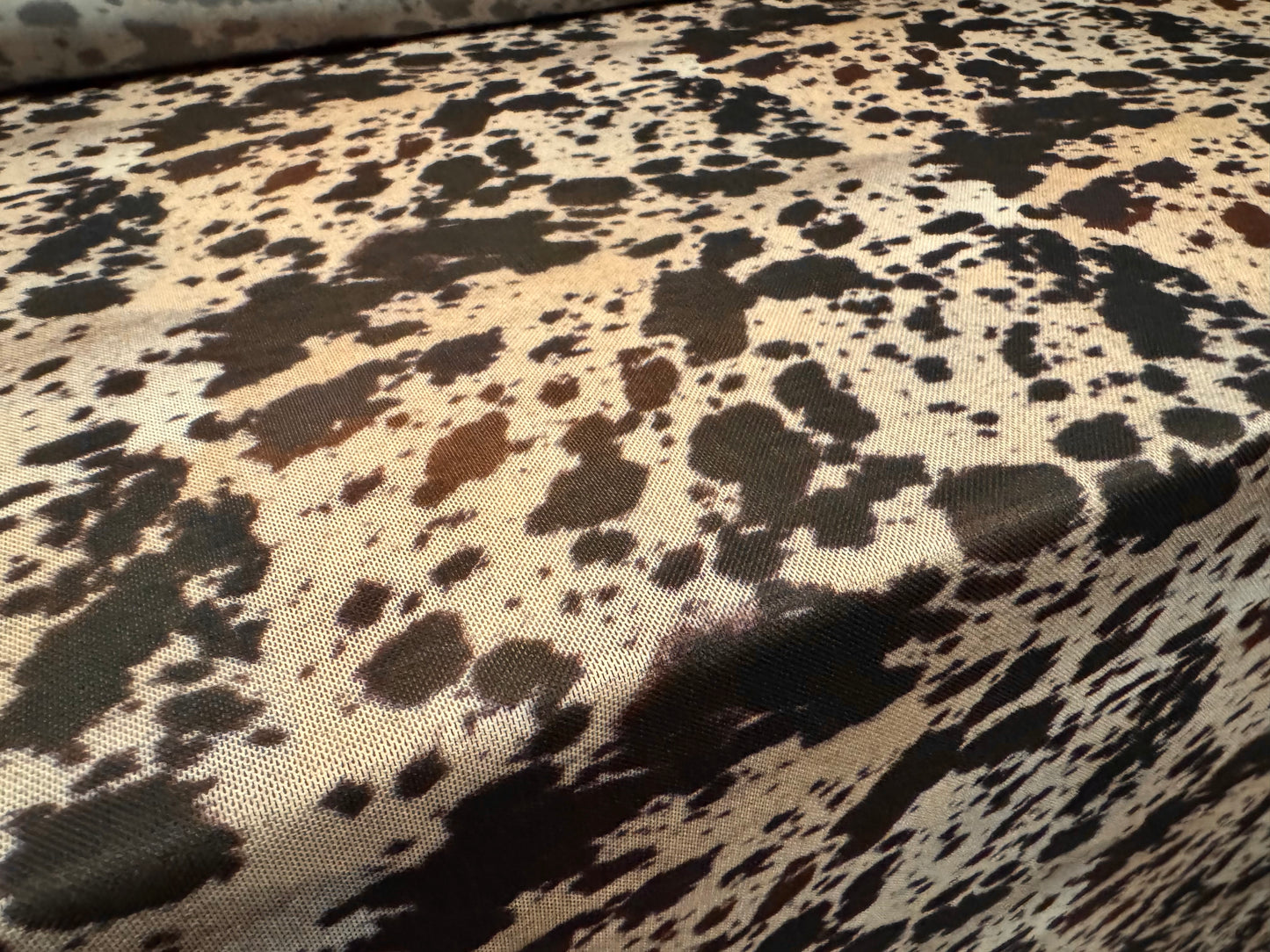 Power mesh net stretch spandex fabric, per metre - cow hide print - nude & dark brown