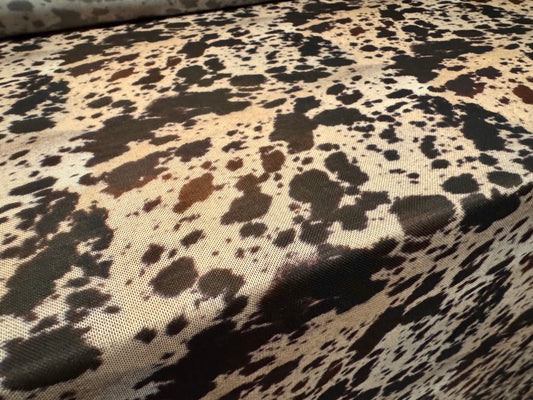 Power mesh net stretch spandex fabric, per metre - cow hide print - nude & dark brown