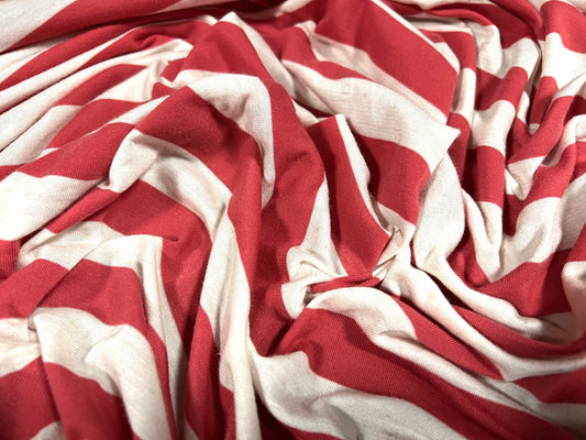 Viscose spandex stretch single jersey fabric, per metre - stripe - light red & cream fleck