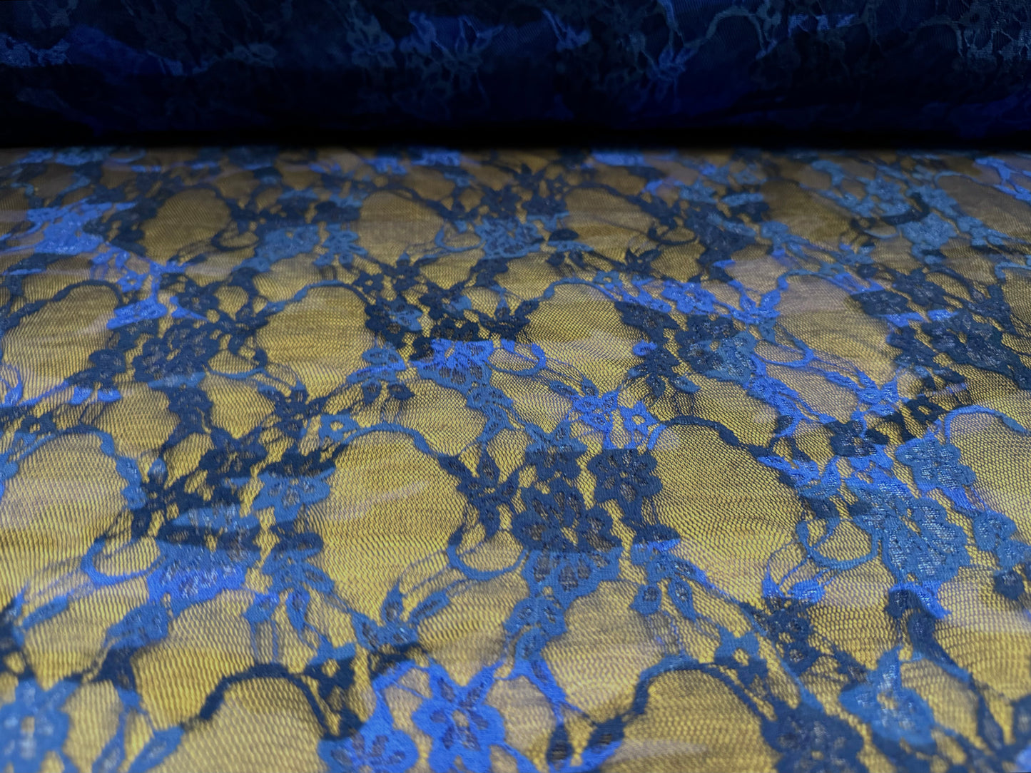 Stretch spandex mesh lace fabric, per metre - camouflage print - blue