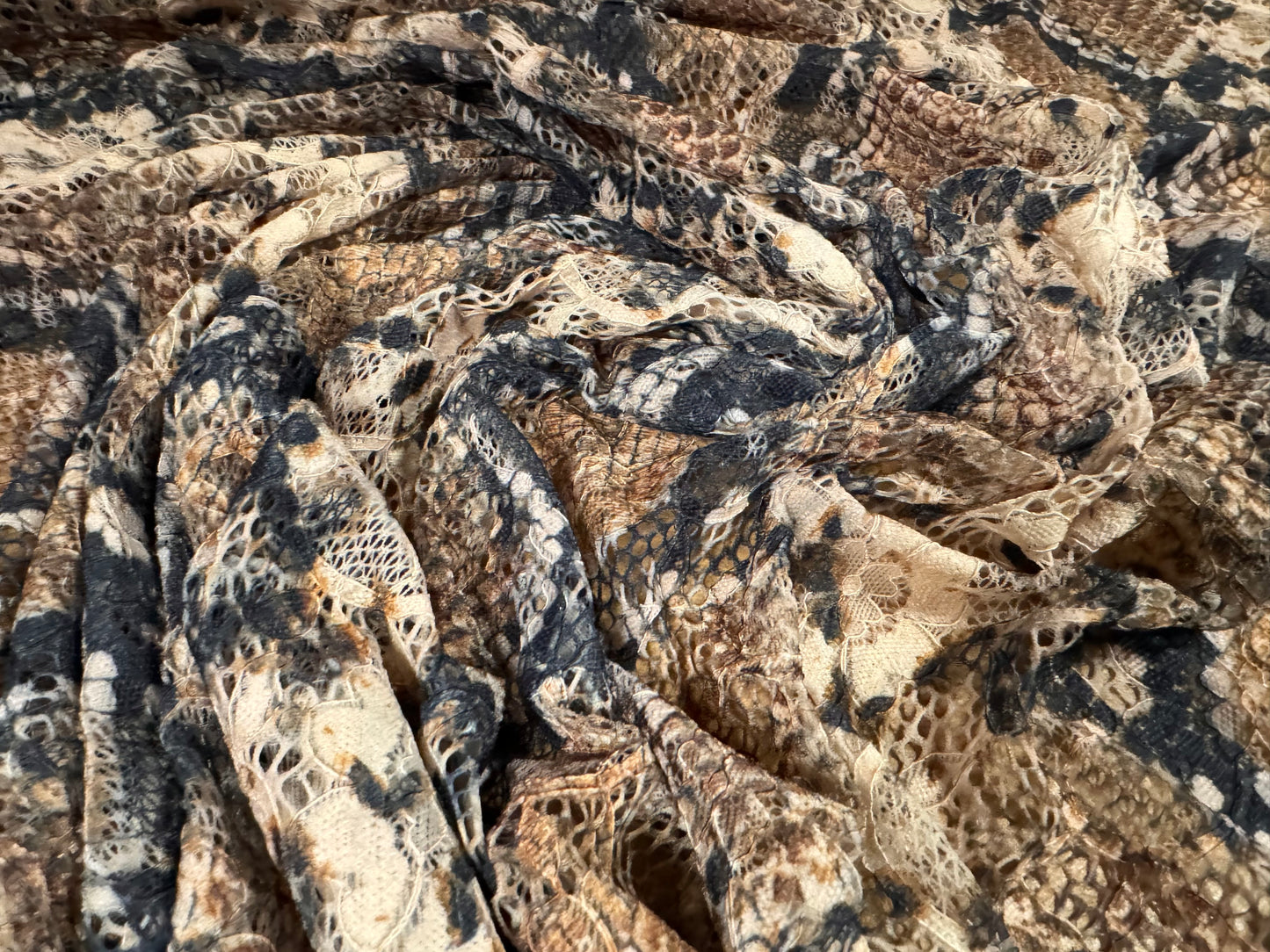 Stretch lace dress fabric with scalloped selvedge, per metre - snakeskin animal print - brown & nude