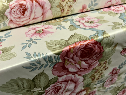 Sateen single jersey fabric, per metre - rose flower print - pale green